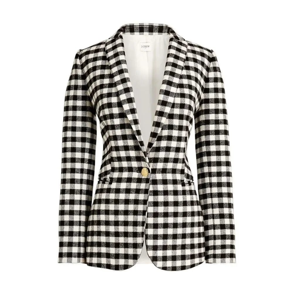 J. Crew Wool-blend one-button blazer Buffalo Check Style BB394 Sz 00 Ivory Black